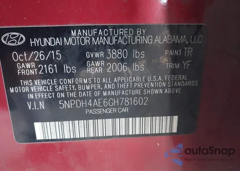 2016 Hyundai Elantra Se z USA, uszkodzony, nr VIN 5NPDH4AE6GH781602